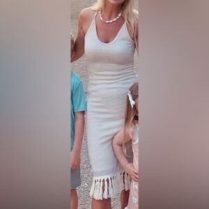 SHEIN Cream Strappy Knit Midi Dress with Tassel Hem